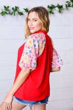 Cardinal Red Frilled Mock Neck Floral Puff Sleeve Top