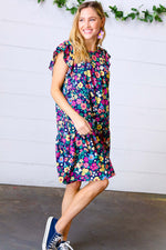 Navy Flat Floral Woven Poplin Ruffle Frill Sleeve Dress