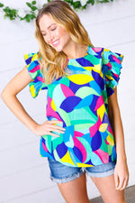 Multicolor Geo Smocked Ruffle Frill Sleeve Top