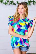 Multicolor Geo Smocked Ruffle Frill Sleeve Top