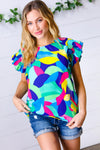 Multicolor Geo Smocked Ruffle Frill Sleeve Top