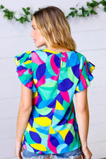 Multicolor Geo Smocked Ruffle Frill Sleeve Top