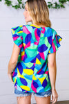 Multicolor Geo Smocked Ruffle Frill Sleeve Top