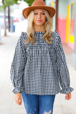 Black Gingham Shirred Yoke Mock Neck Frilled Top