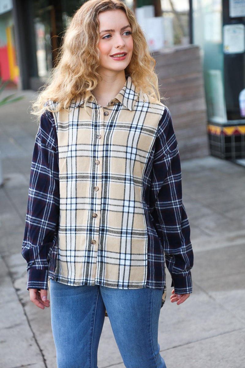 Navy & Beige Cotton Plaid Hi-Lo Shirt Top