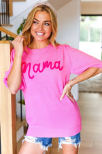 Take A Bow Pink "Mama" Embroidery Puff Sleeve Sweater Top