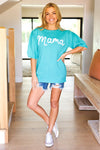 Take A Bow Mint "Mama" Embroidery Pop-Up Puff Sleeve Sweater Top