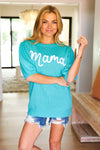 Take A Bow Mint "Mama" Embroidery Pop-Up Puff Sleeve Sweater Top