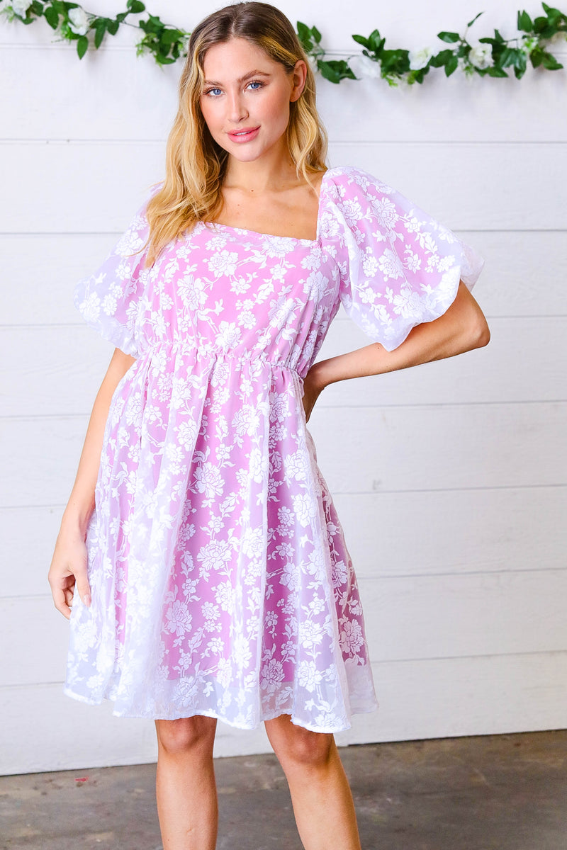 Magenta Floral Burnout Velvet Puff Sleeve Dress