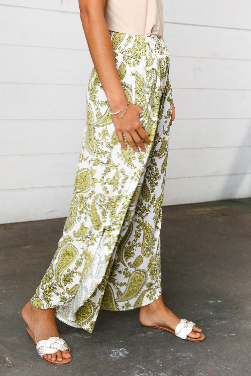 Light Green Paisley Print Side Slit Palazzo Pants