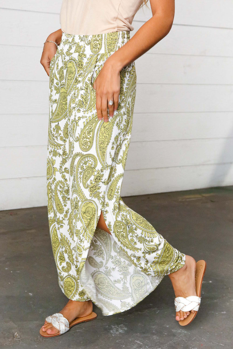 Light Green Paisley Print Side Slit Palazzo Pants