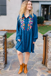 Just Imagine Navy Floral Embroidered Button Down Long Sleeve Dress