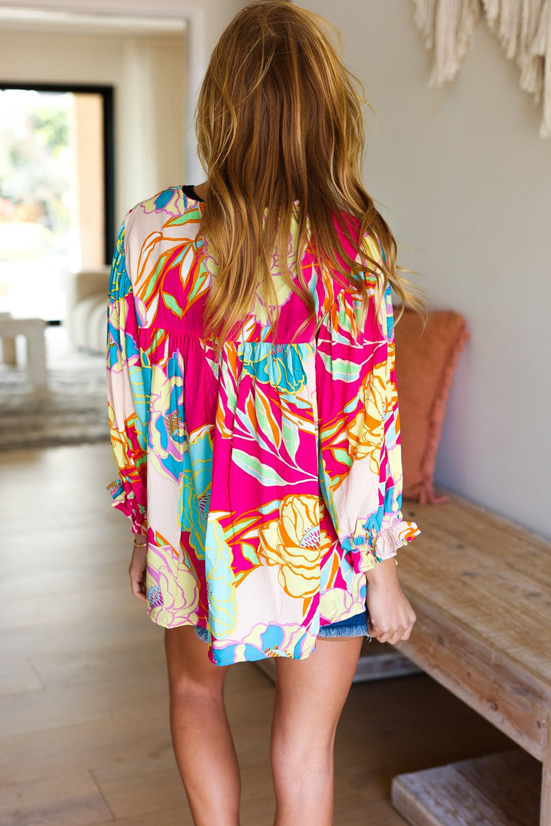 Start The Day Fuchsia Floral Print Ruffle Sleeve Top