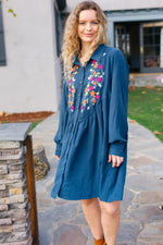 Just Imagine Navy Floral Embroidered Button Down Long Sleeve Dress