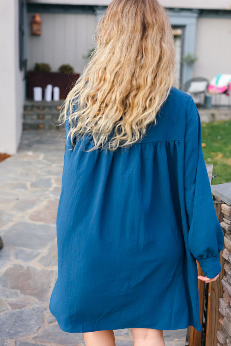 Just Imagine Navy Floral Embroidered Button Down Long Sleeve Dress