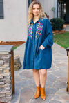 Just Imagine Navy Floral Embroidered Button Down Long Sleeve Dress