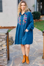 Just Imagine Navy Floral Embroidered Button Down Long Sleeve Dress