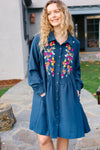 Just Imagine Navy Floral Embroidered Button Down Long Sleeve Dress