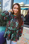 Diva Dreams Chocolate Floral Frill Bubble Sleeve Blouse