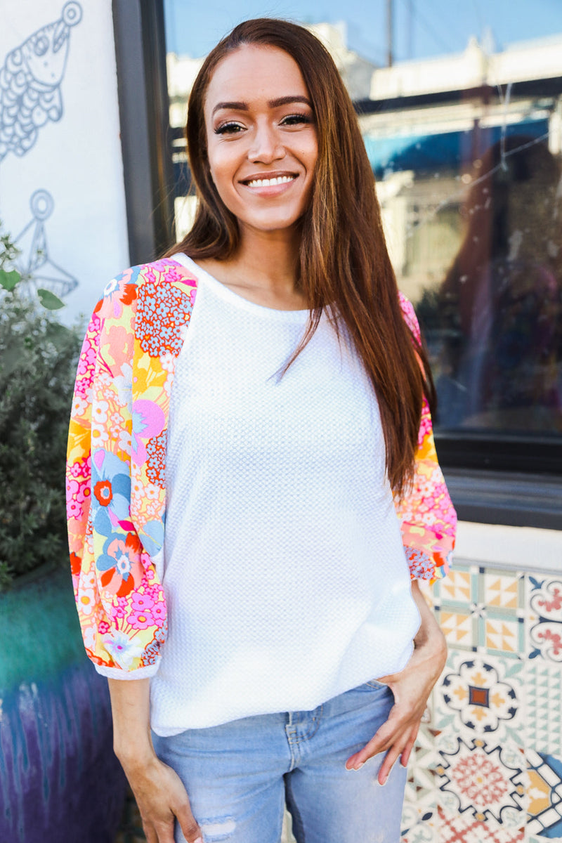 Sunny Days Ivory Textured Floral Bubble Sleeves Dolman Top