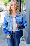 Blue Color Block Distressed Denim Jacket