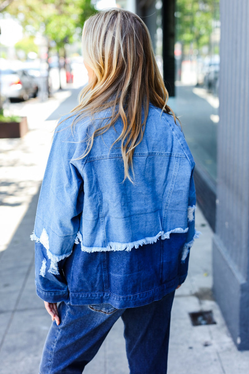 Blue Color Block Distressed Denim Jacket