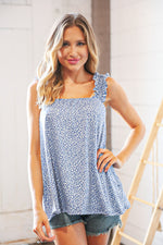 Denim Blue Spotted Leopard Smocked Frill Shoulder Tank