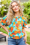 Vacay Ready Blue & Orange Floral Frill Mock Neck Top