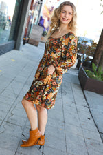 Rust Plaid & Floral Patchwork Square Neck Dress