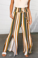 Tan & Green Vertical Stripe Smock Waist Side Slit Palazzo Pants