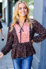 Black Floral Beaded Tie Peasant Woven Blouse