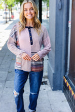 Mauve Stripe Two Tone Henley Color Block Top