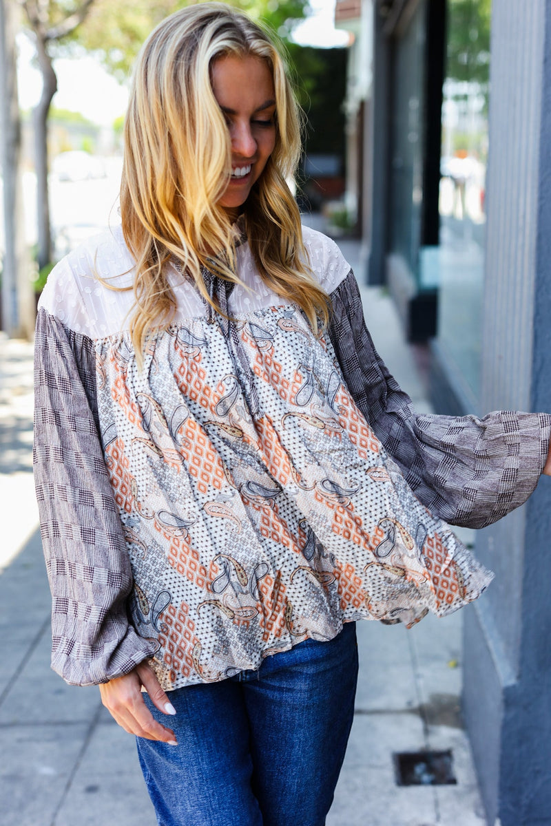 Taupe Paisley Print Houndstooth Mock Neck Top