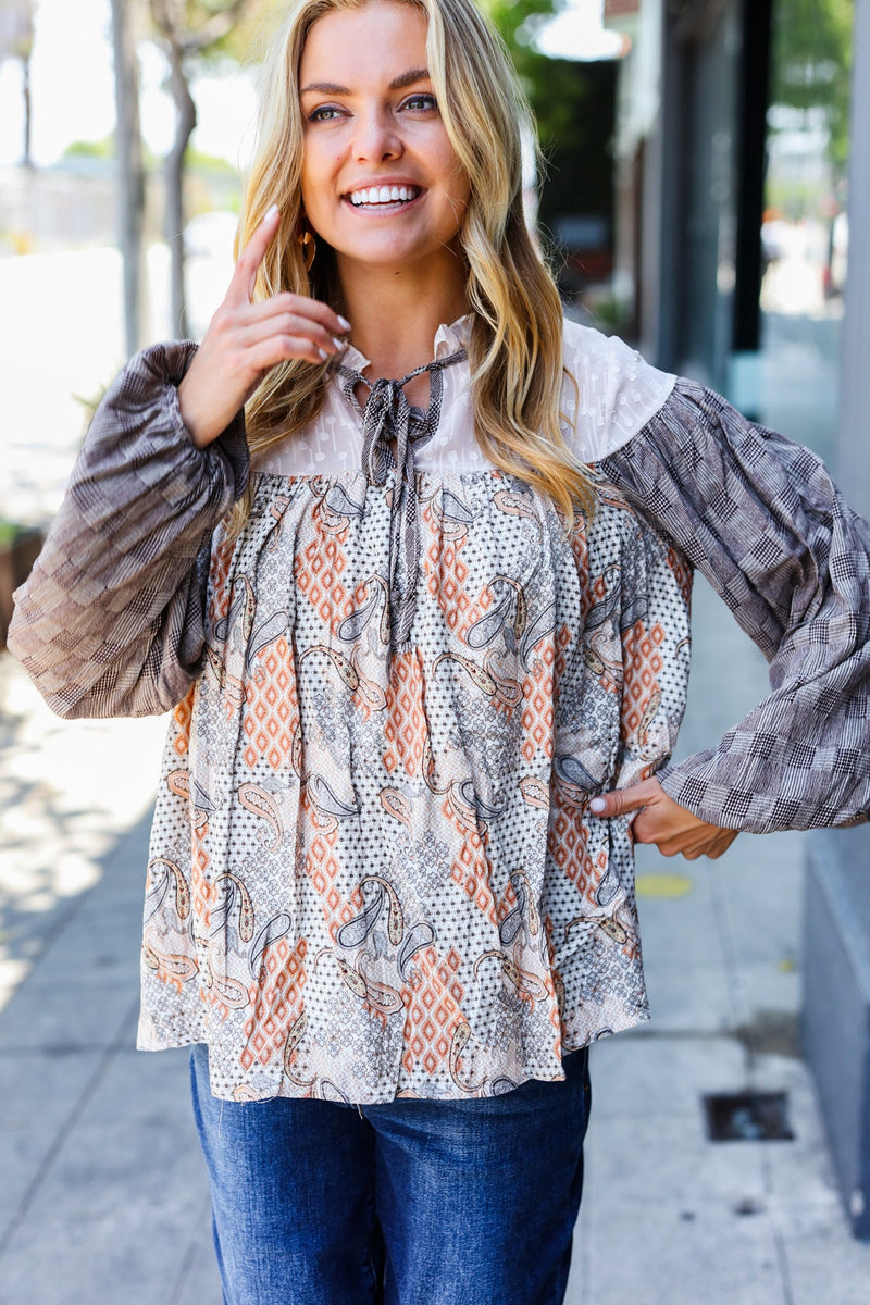 Taupe Paisley Print Houndstooth Mock Neck Top