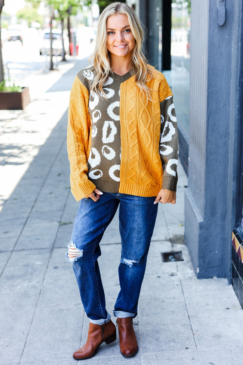 Feeling Casual Chic Mustard Animal Print Cable Color Block Sweater