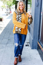 Feeling Casual Chic Mustard Animal Print Cable Color Block Sweater