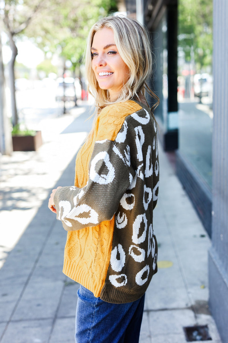 Feeling Casual Chic Mustard Animal Print Cable Color Block Sweater