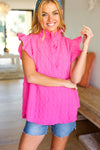 Glamorous In Hot Pink Textured Ruffle Mock Neck Top