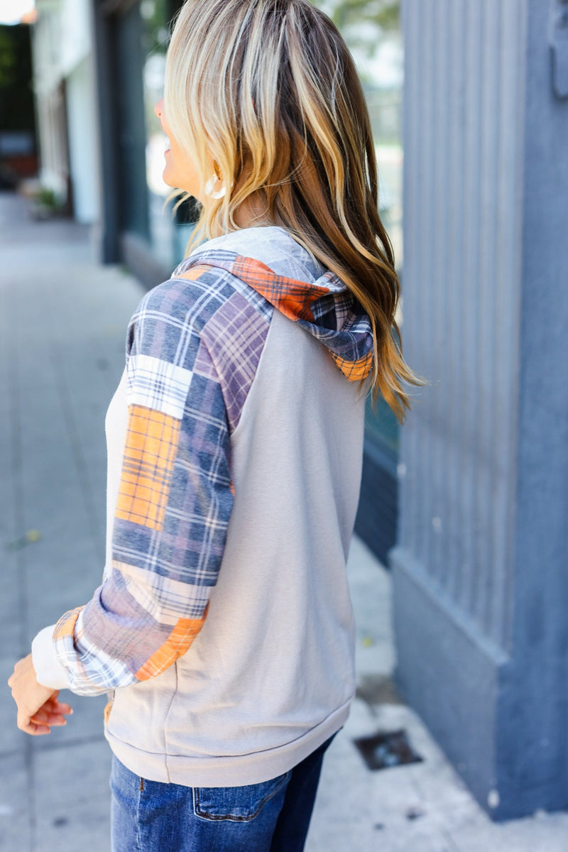 Autum Vibes Orange & Taupe Plaid Terry Kangaroo Pocket Hoodie