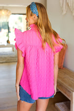 Glamorous In Hot Pink Textured Ruffle Mock Neck Top