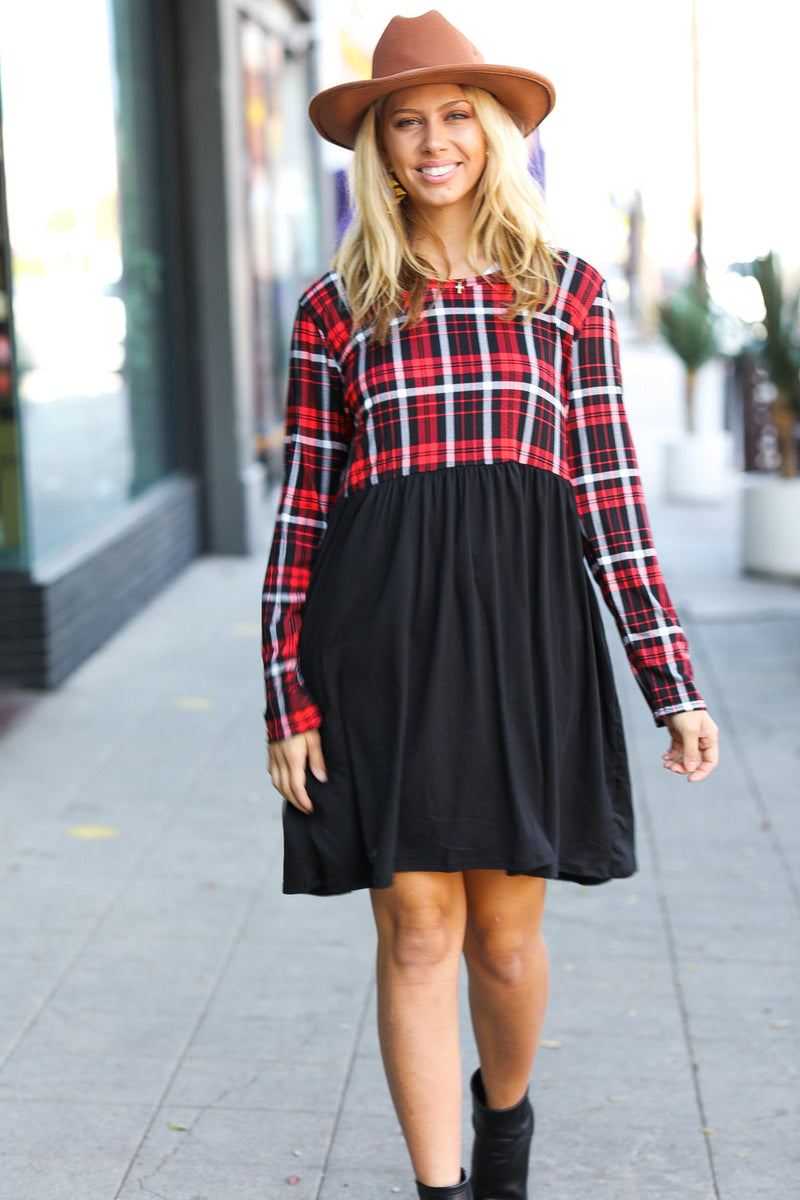 Holiday Plaid Twofer Babydoll Dress