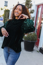 Under the Lights Green Velvet & Sequin Frill Mock Neck Top