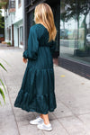 Elegant Hunter Green Elastic V Neck Tiered Satin Maxi Dress