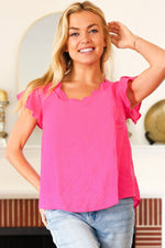 Eyes On You Fuchsia Scalloped V Neck Tulip Sleeve Top