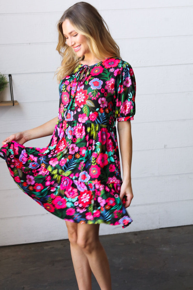 Black & Fuchsia Flat Floral Tiered Front Tie Pocketed Dress