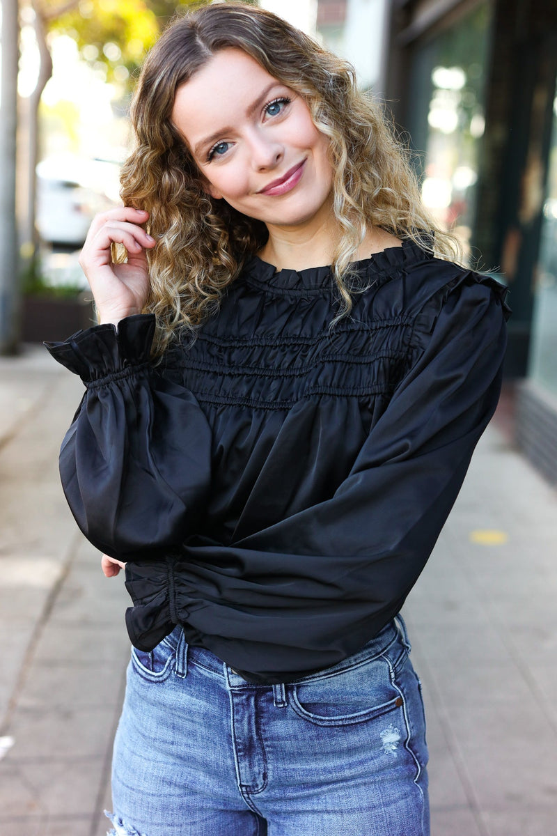 Be Your Best Black Satin Shirred Yoke Frilled Mock Neck Top