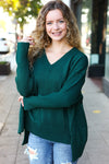 Casual Chic Hunter Green Oversized V Neck Rib Knit Sweater