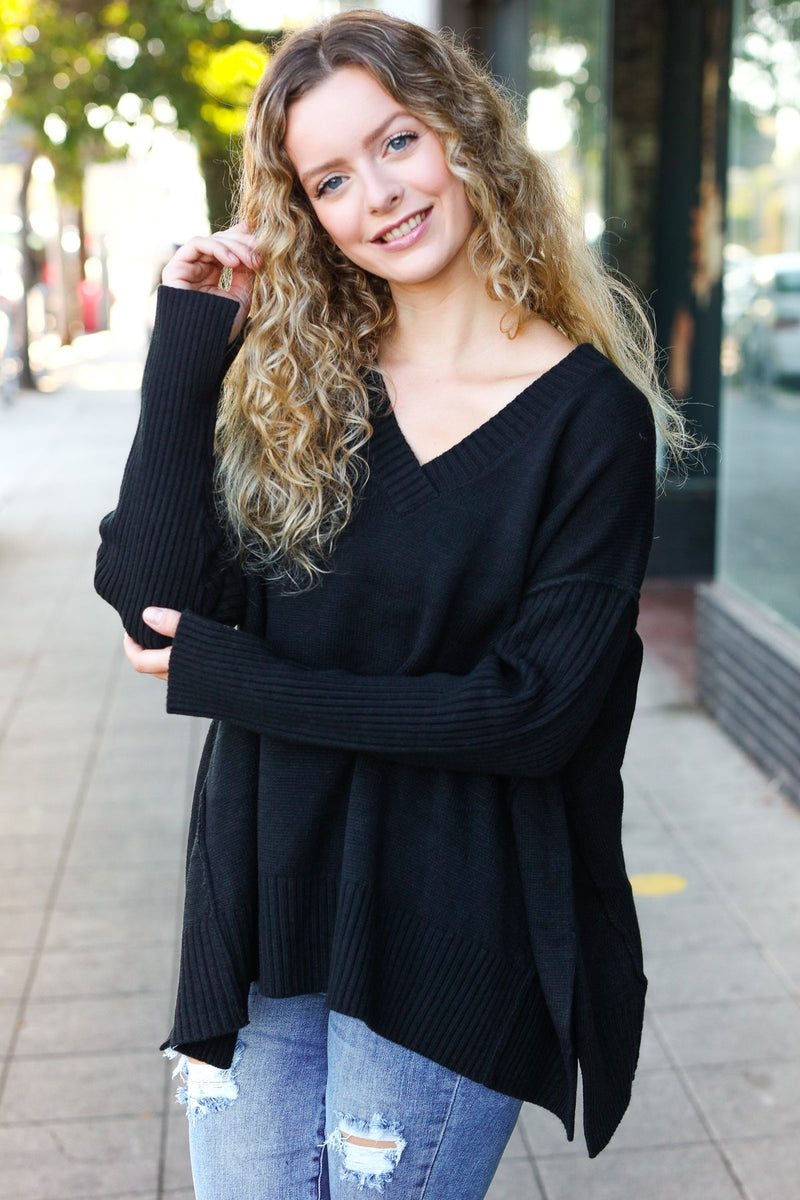 Casual Chic Black Oversized V Neck Rib Knit Sweater