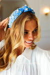 Azure Blue Pearl & Jewels Top Knot Knit Headband