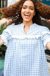 Lost In Love Cotton Blue Gingham Shirred Mock Neck Top